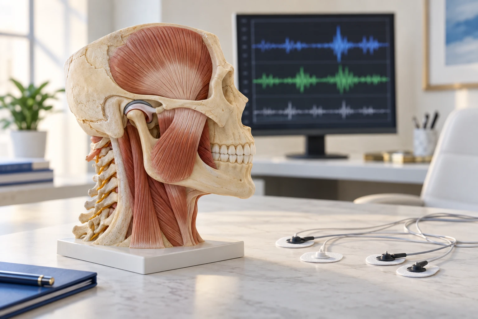 Illustration of an anatomical jaw model and surface sensors used to explain jaw-muscle evaluation